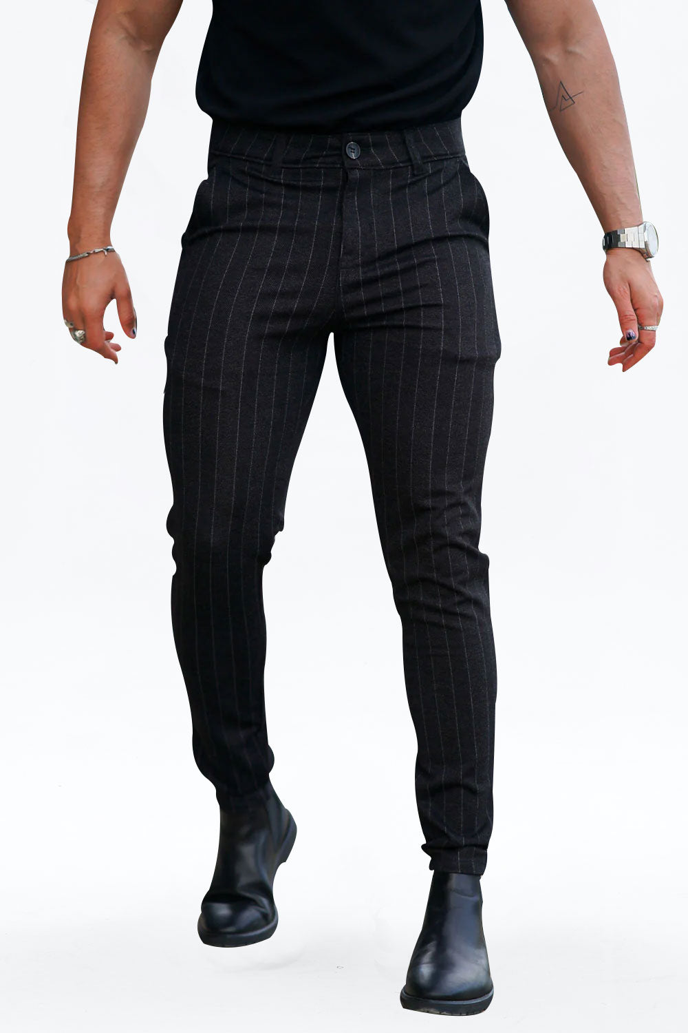 GINGTTO Mens Chinos Black Vertical Striped Trousers Slim Fit Stretch Skinny  Pant