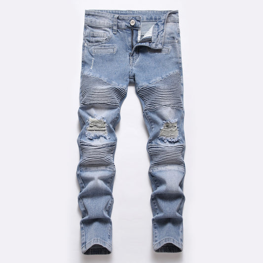 Ripped patchwork men's blue jeans