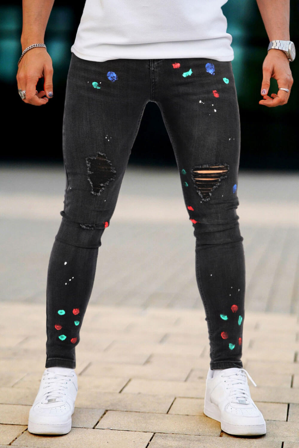 Men's Ripped Knee Skinny Jean - Black & Graffiti