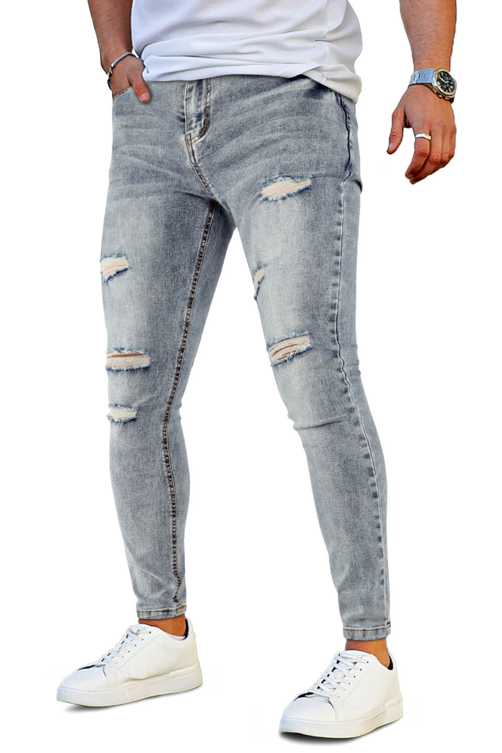 Mens Skinny Denim Blue Jeans - Ripped