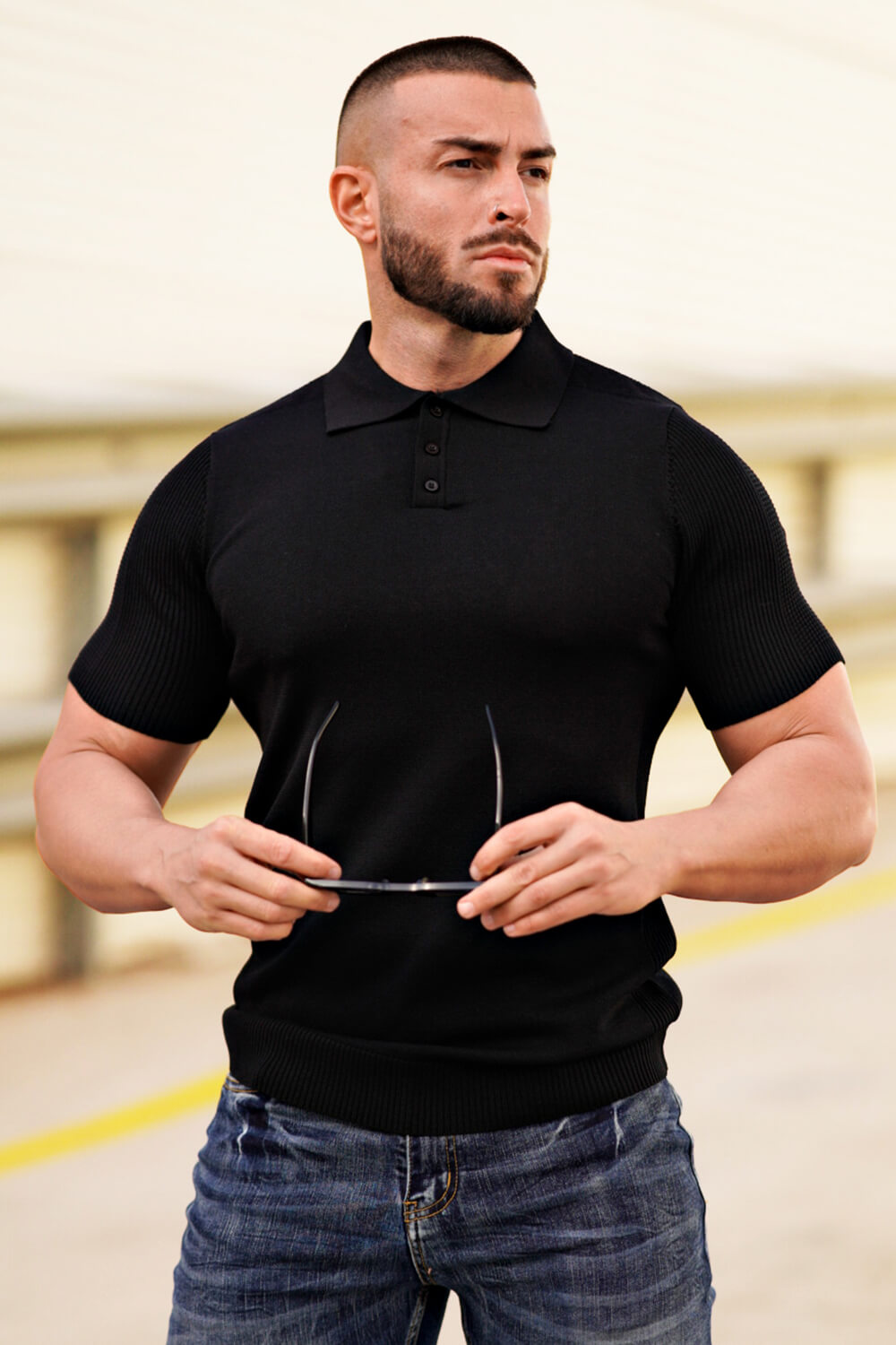 Men's Button Short Sleeve Polo Shirt - Black