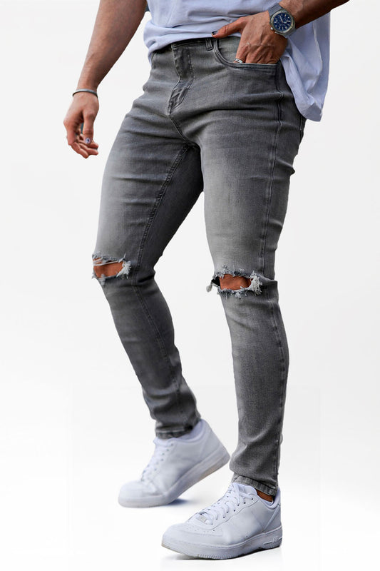 Men's Stretch Skinny Jean - Ripped & Dark Grey