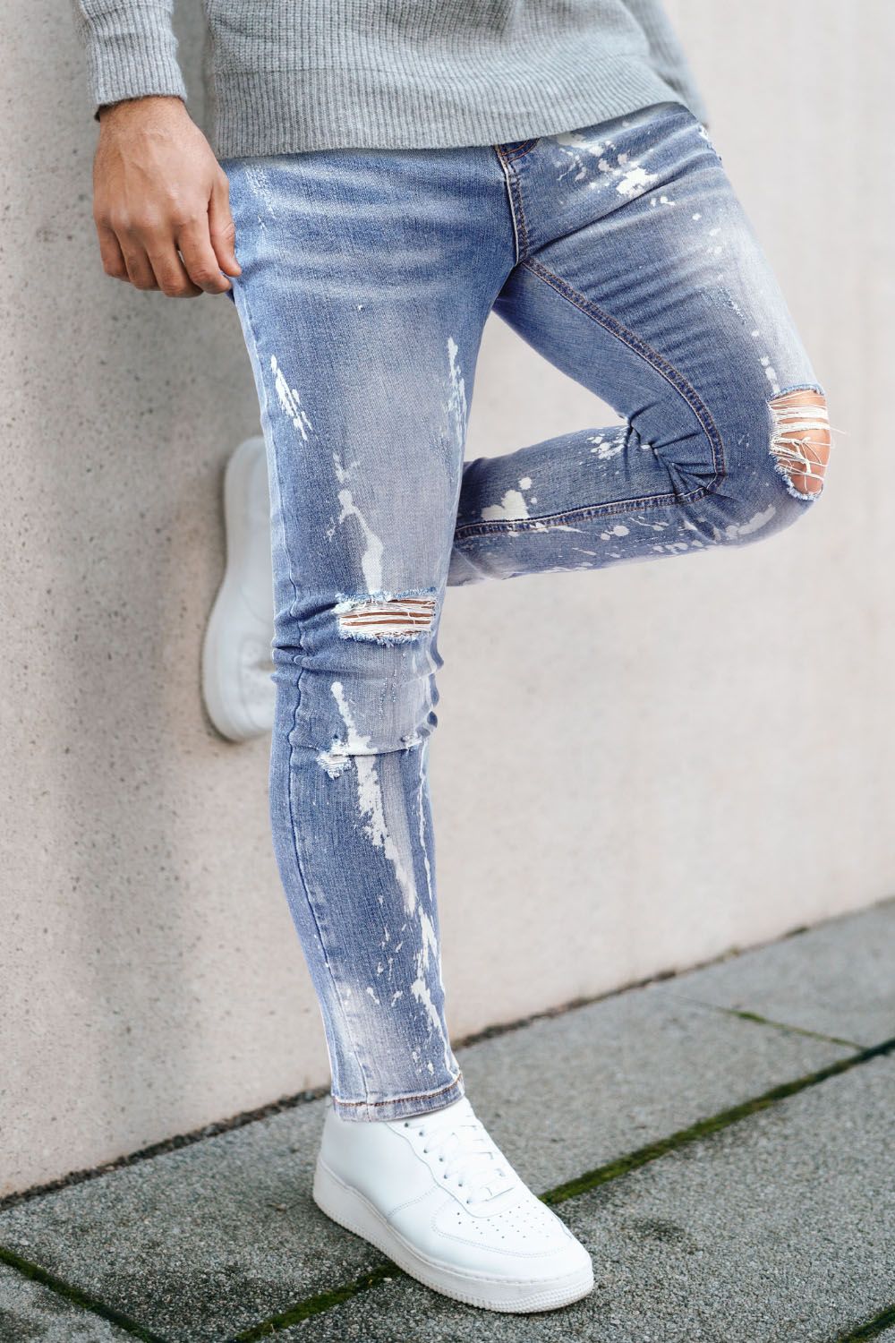 Jean skinny déchiré bleu clair pour hommes