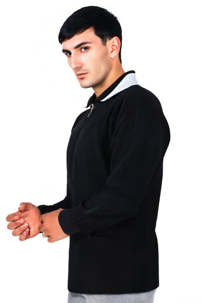 Men Long Sleeve Zipper Polo Shirt - Black