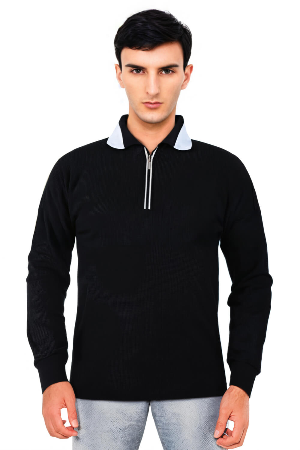 Men Long Sleeve Zipper Polo Shirt - Black