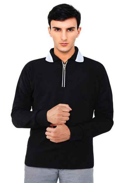 Men Long Sleeve Zipper Polo Shirt - Black