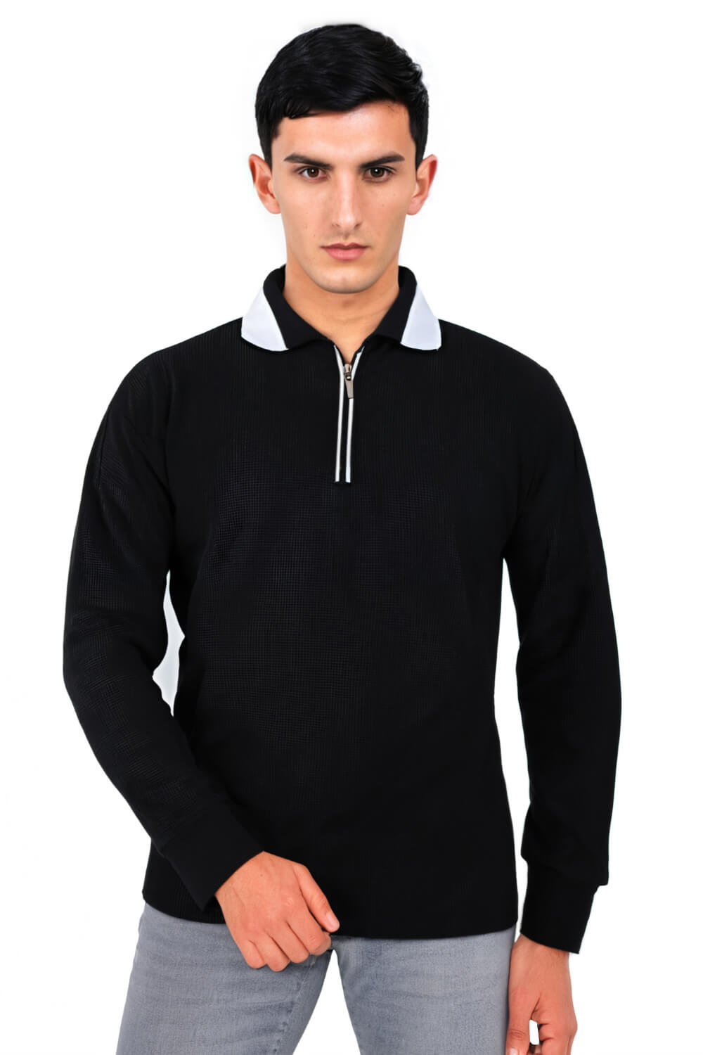 Men Long Sleeve Zipper Polo Shirt - Black