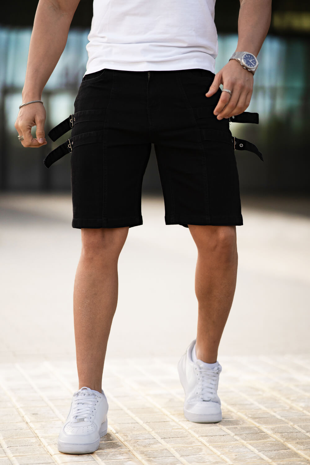 Men's Denim Short - Black And Webbing