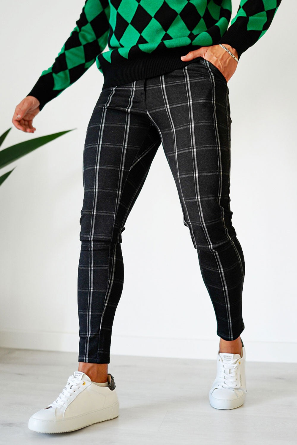 black plaid chino pants