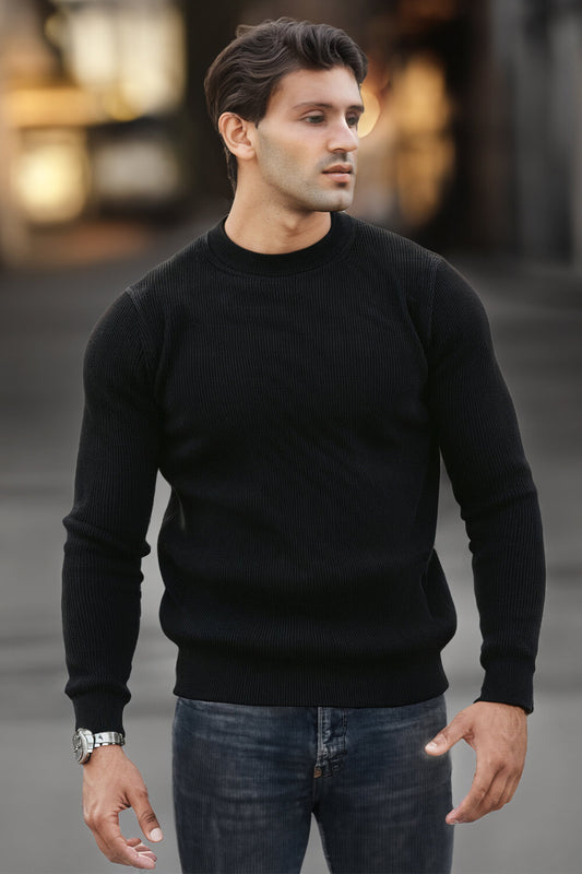 Men Round Neck Sweater - Black