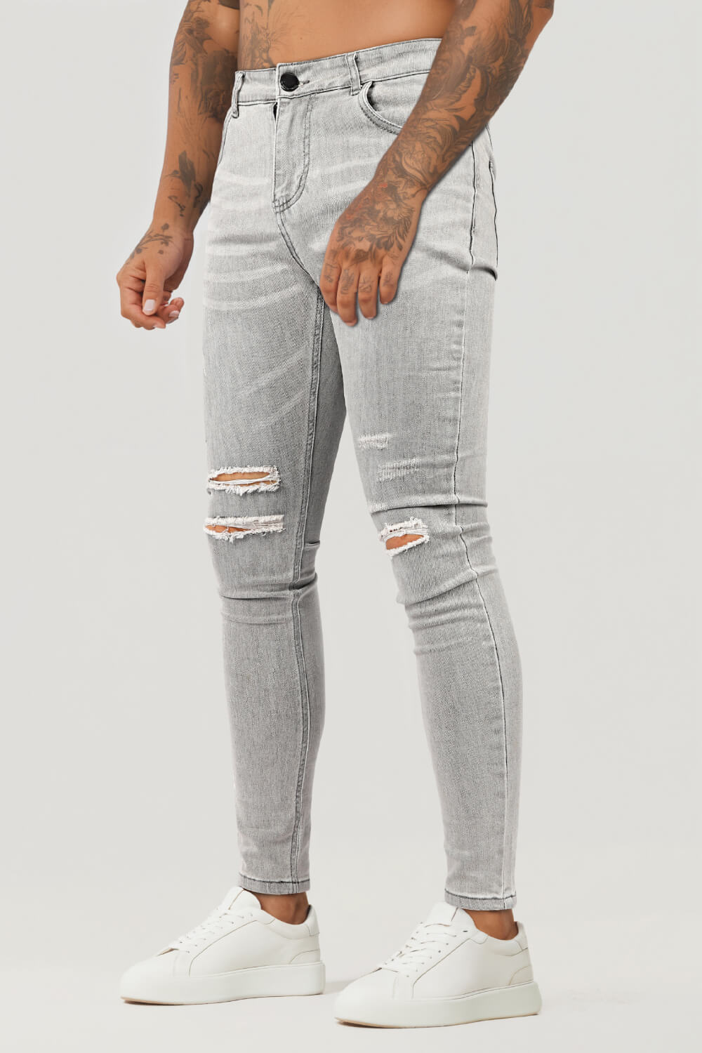 Jean skinny déchiré délavé gris marbré pour hommes