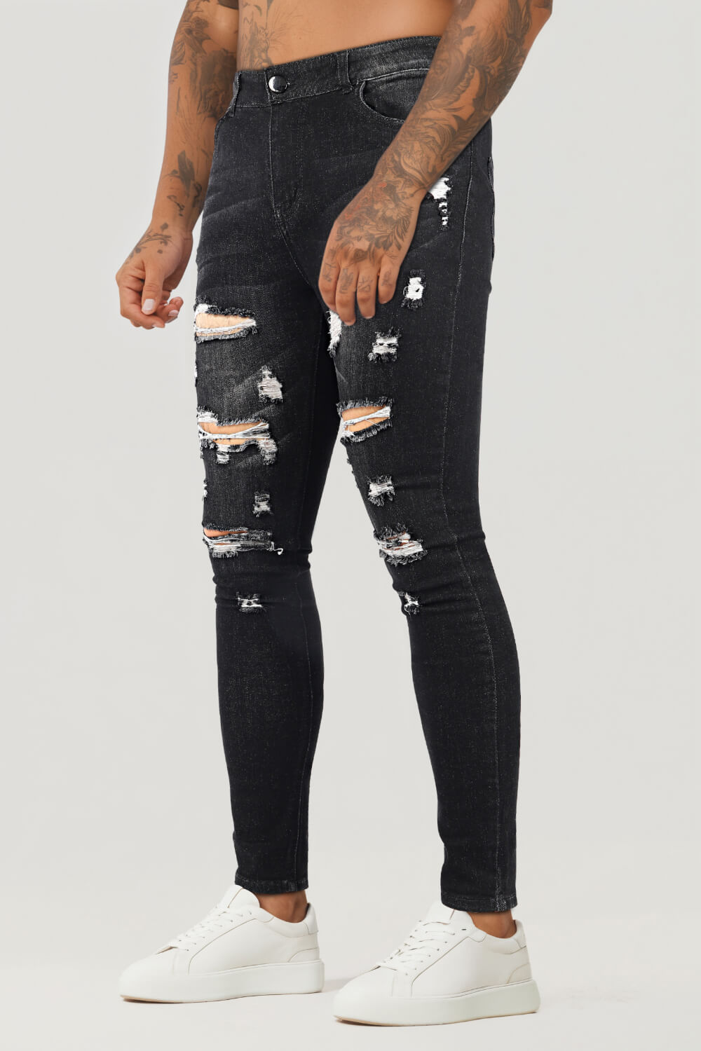 Jean skinny super stretch pour hommes - Déchiré et noir