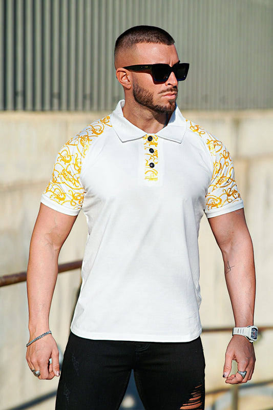 gold and white pattern short sleeve polo shirt