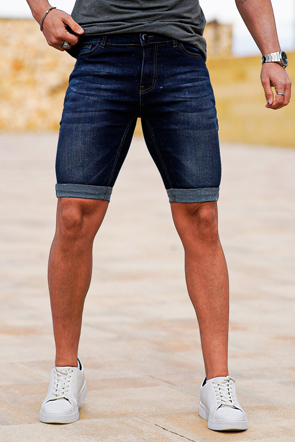 men's dark blue denim shorts