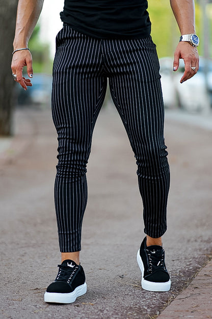 striped chino pants-black