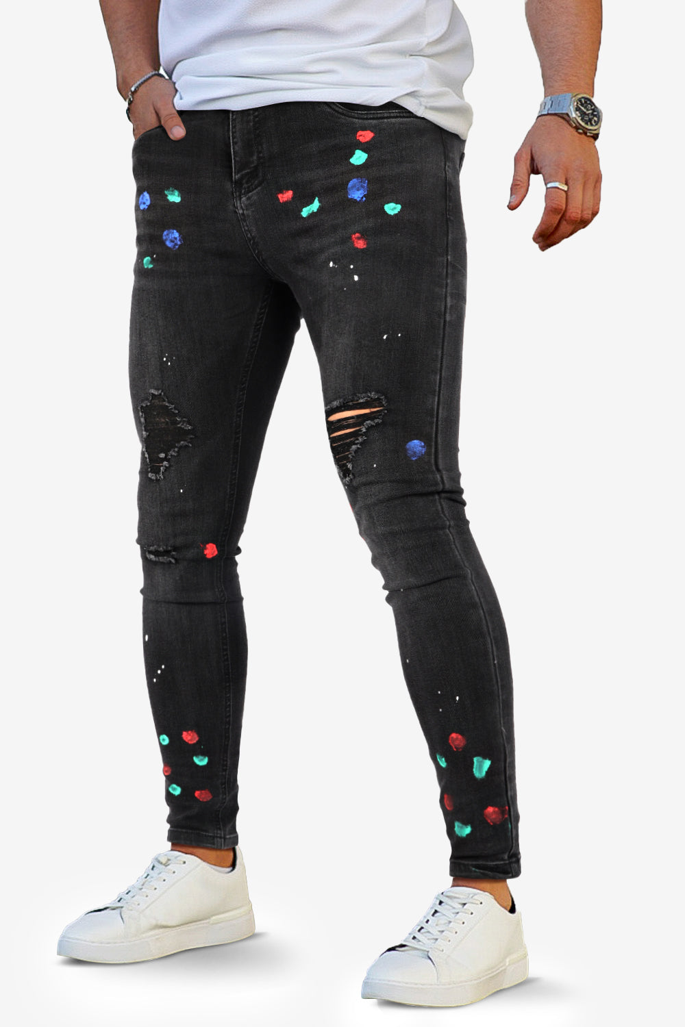 Men's Ripped Knee Skinny Jean - Black & Graffiti