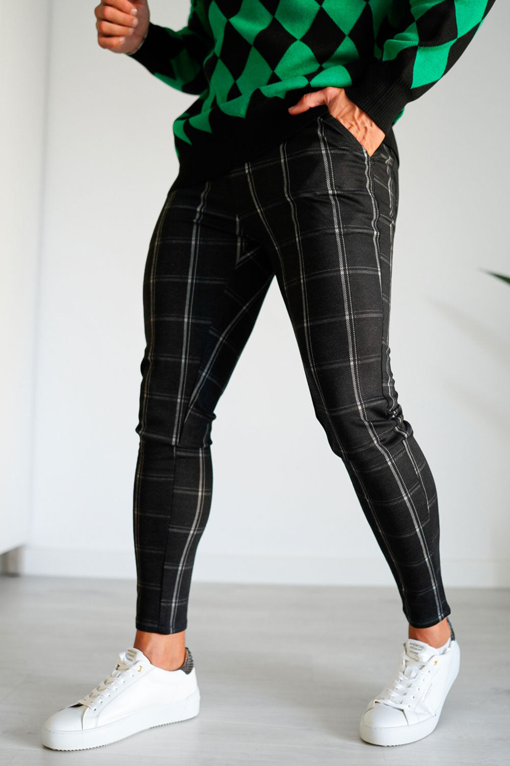 black plaid chino pants