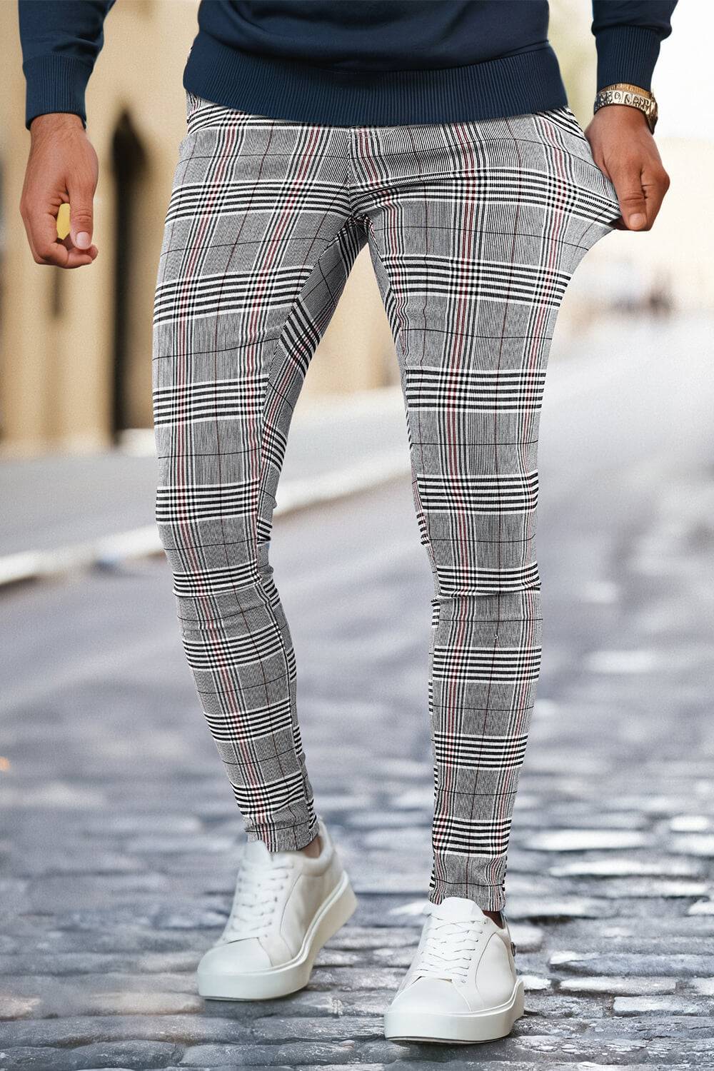 Mens Casual Grey Plaid Trouser