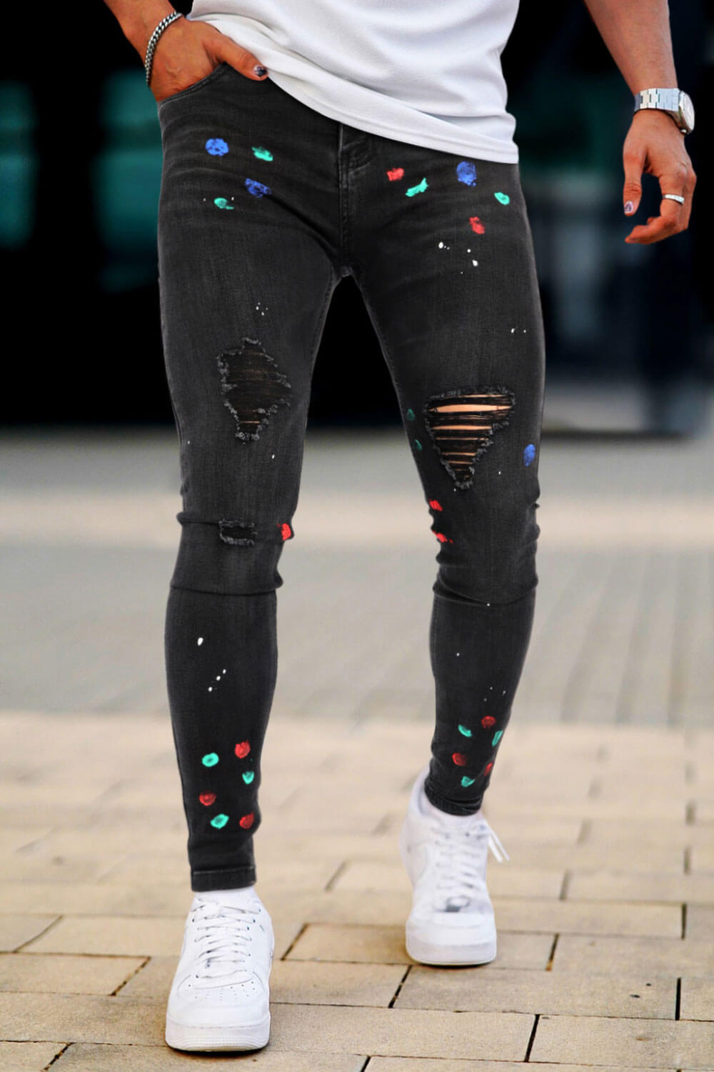 Men's Ripped Knee Skinny Jean - Black & Graffiti