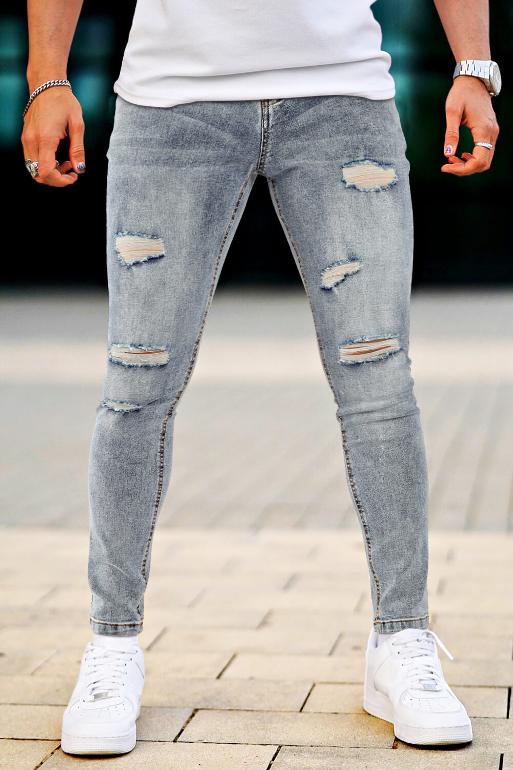 Mens Skinny Denim Blue Jeans - Ripped