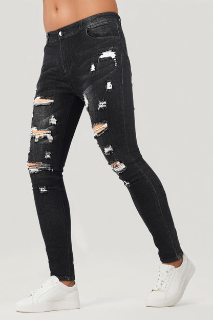 Jean skinny super stretch pour hommes - Déchiré et noir