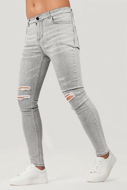 Jean skinny déchiré délavé gris marbré pour hommes