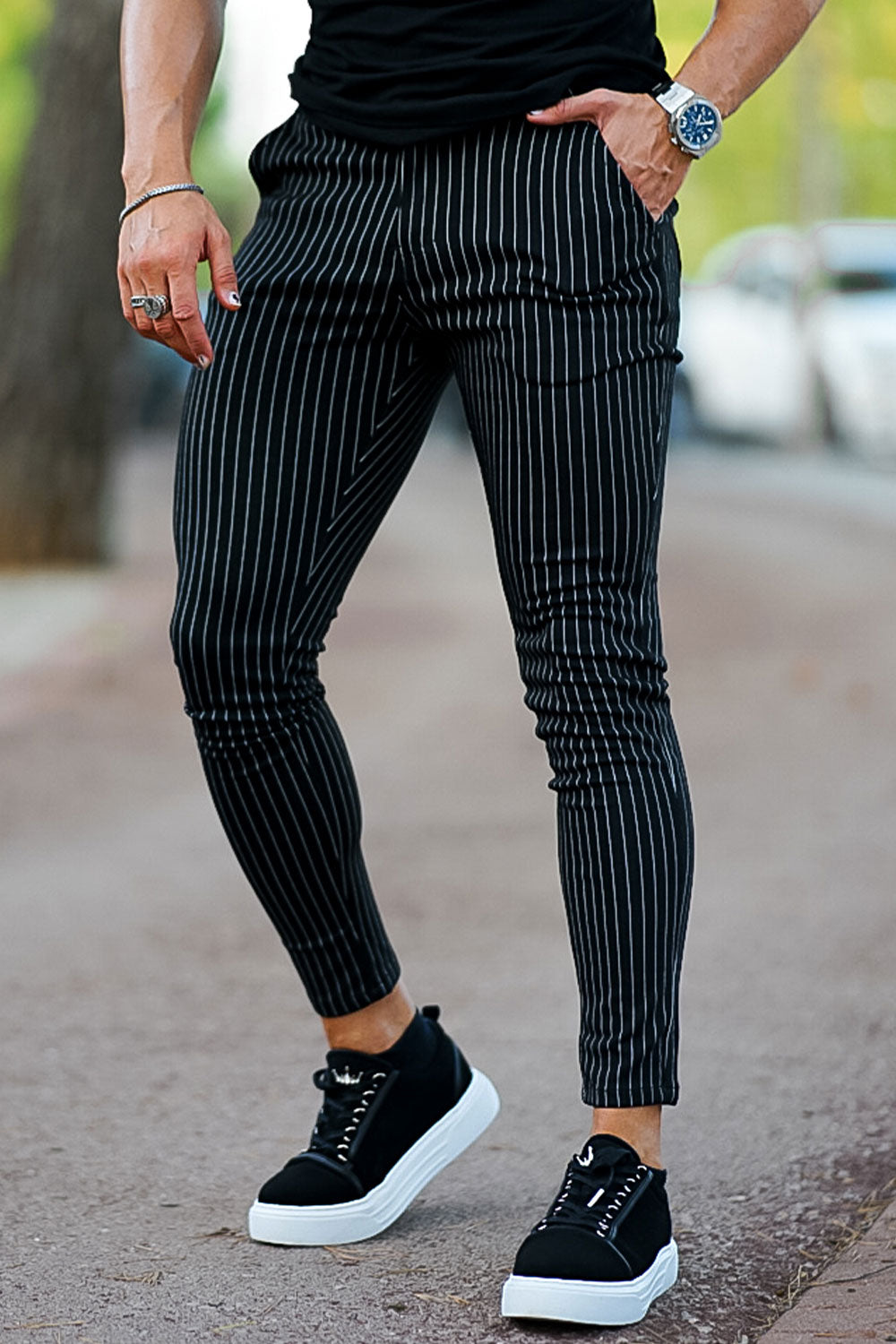 striped chino pants-black