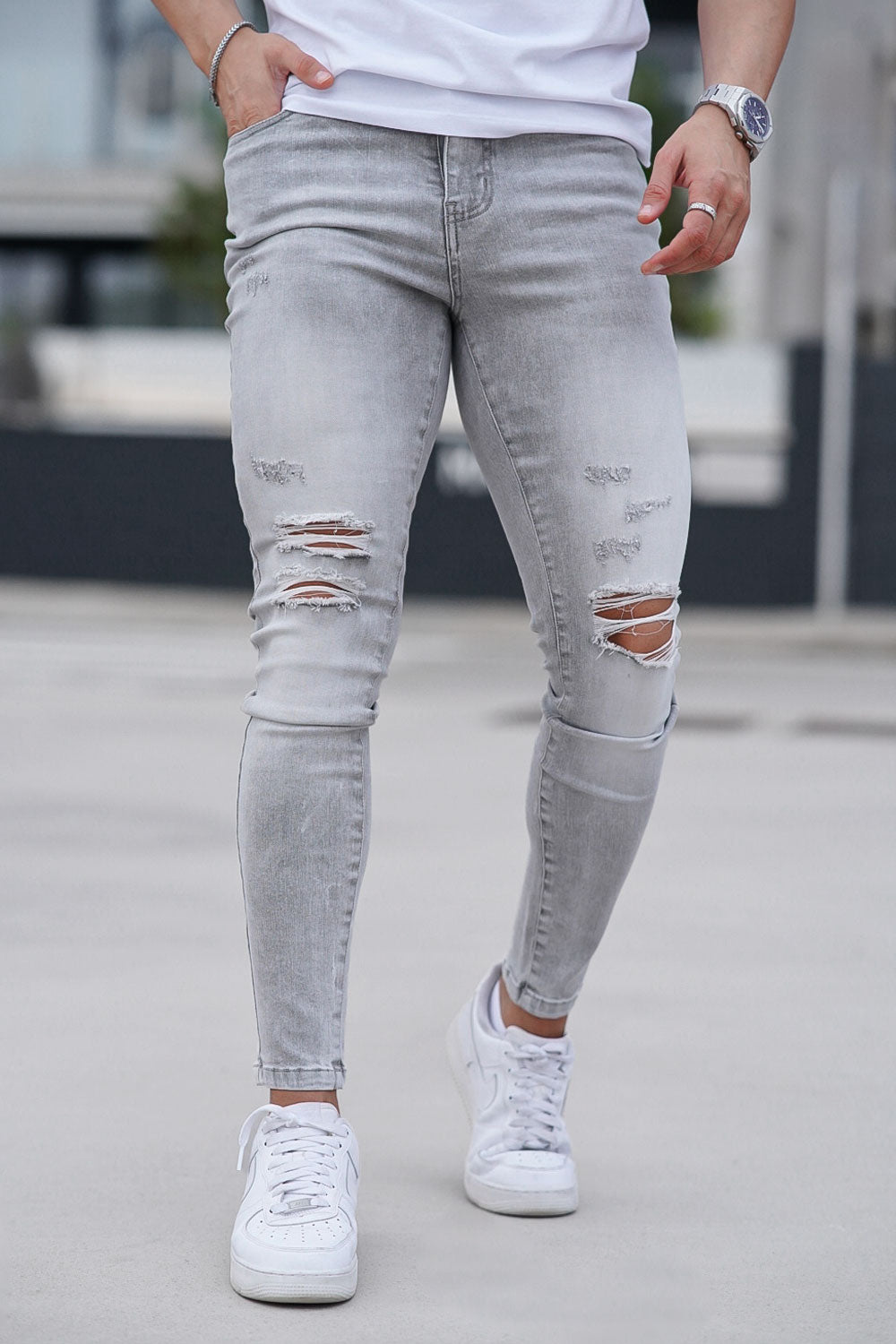 Men‘s Ripped Washed Skinny  Marble Grey Jeans