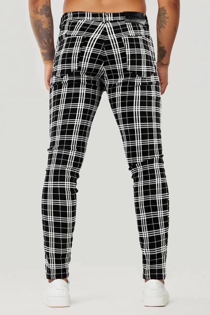 Pantaloni skinny scozzesi in bianco e nero da uomo