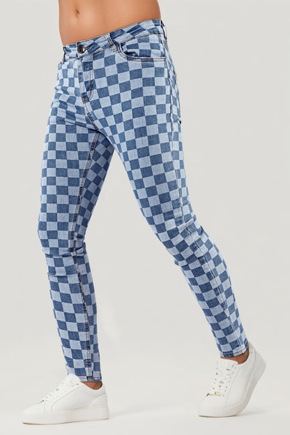 Fashion Skinny Jean For Men - Blue & Checkerboard