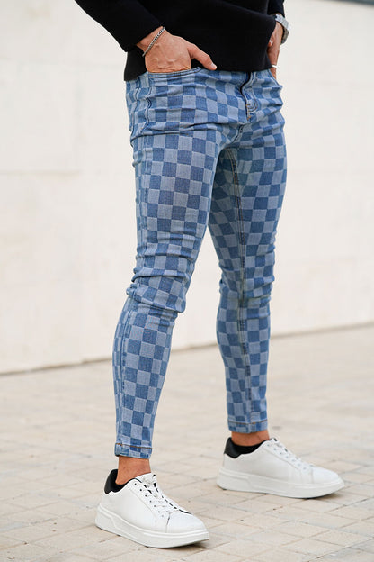 gingtto fashion skinny jeans for men - blue & checkerboard