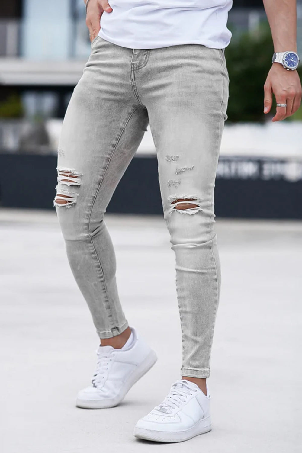 Jean skinny déchiré délavé gris marbré pour hommes