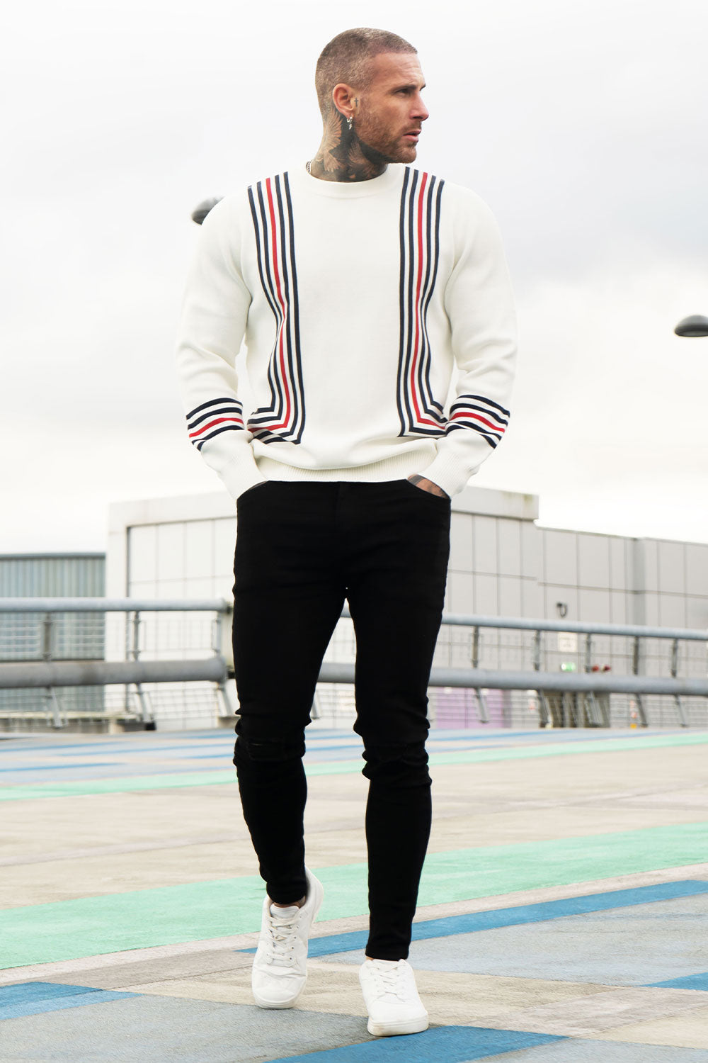 men's crew neck sweater - white & black