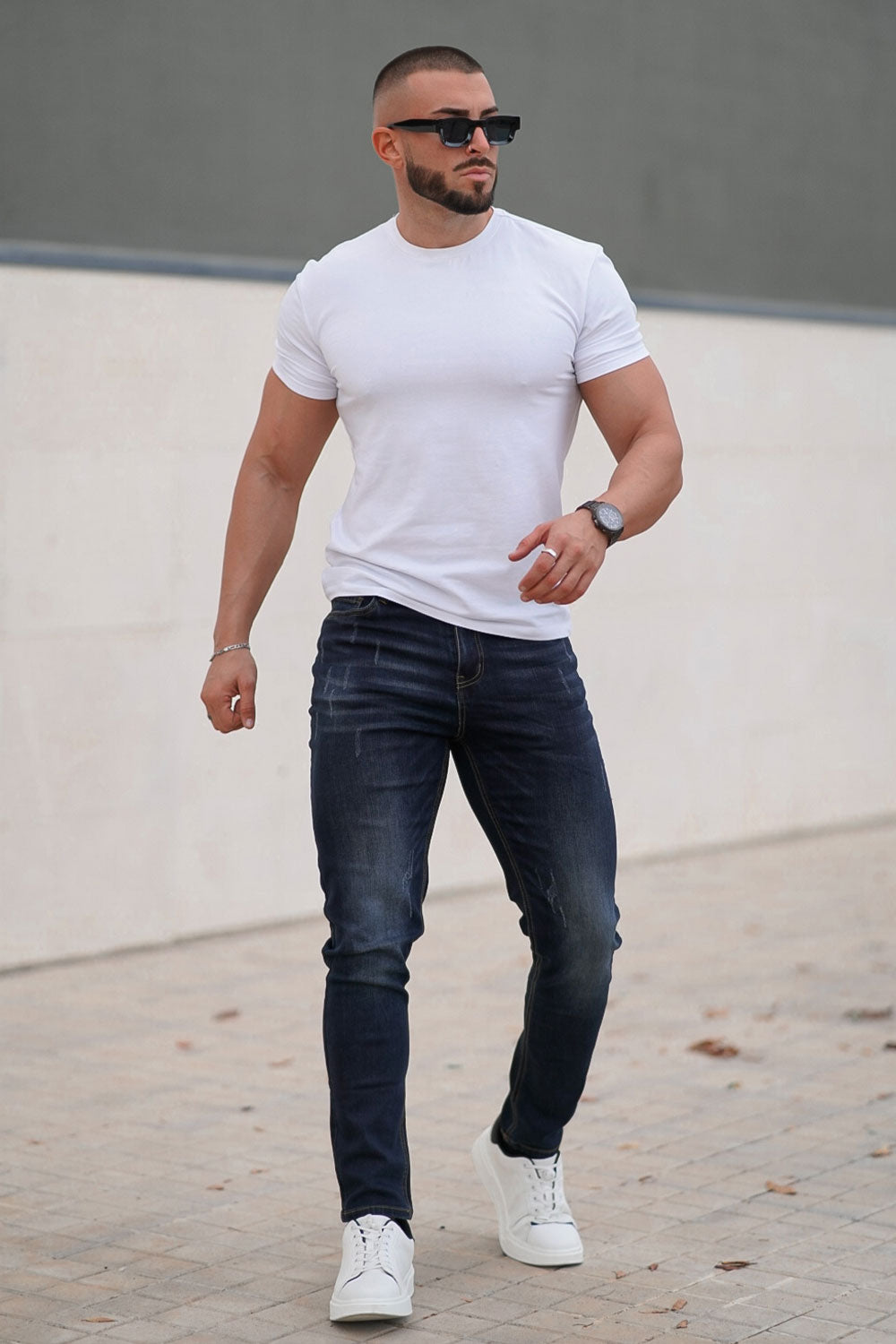 slim fit dark blue jeans