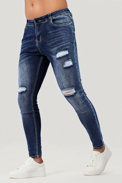 Men Stretch Skinny Jeans - Dark Blue & Ripped