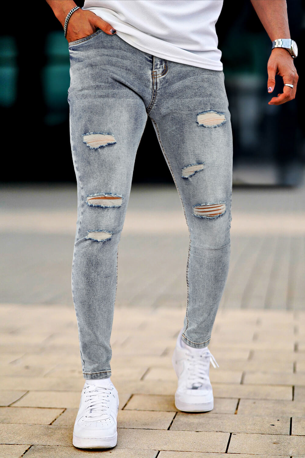 Mens Skinny Denim Blue Jeans - Ripped