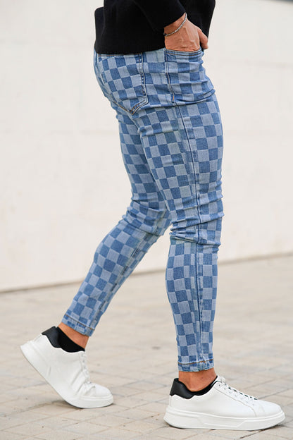 gingtto fashion skinny jeans for men - blue & checkerboard