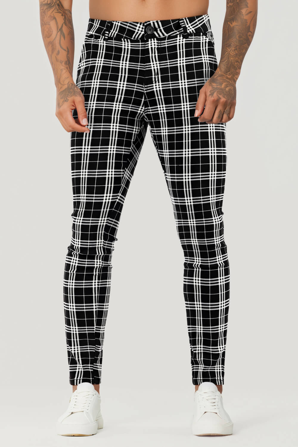 Pantaloni skinny scozzesi in bianco e nero da uomo