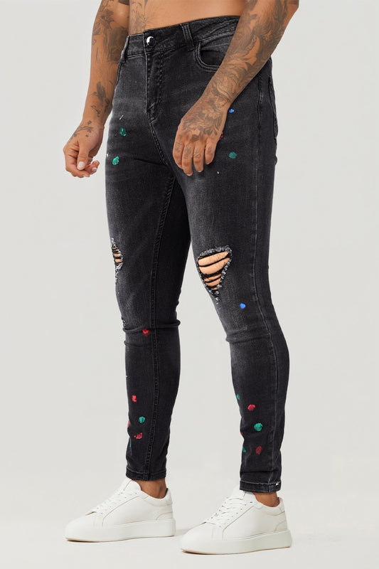 Jean skinny déchiré aux genoux pour hommes - Noir et graffiti