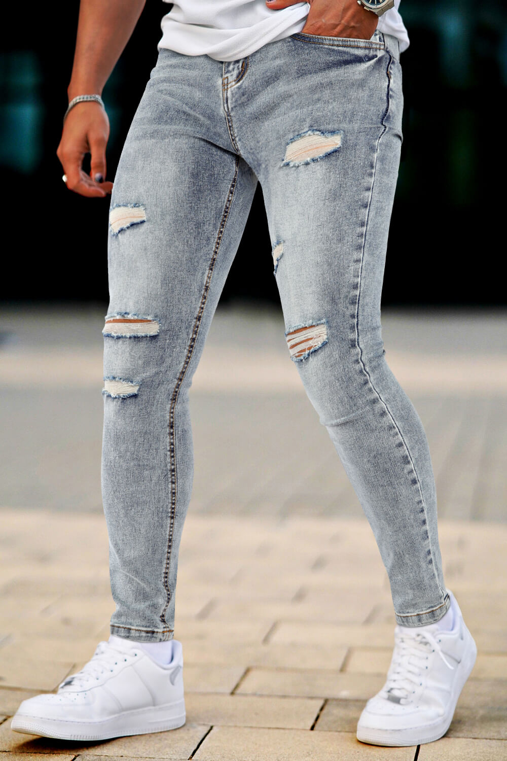 Mens Skinny Denim Blue Jeans - Ripped