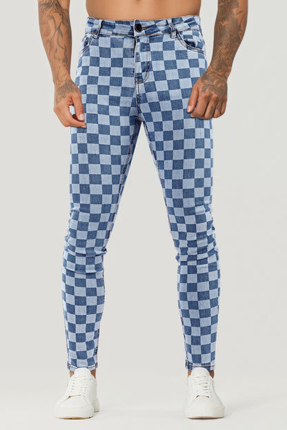 Fashion Skinny Jean For Men - Blue & Checkerboard