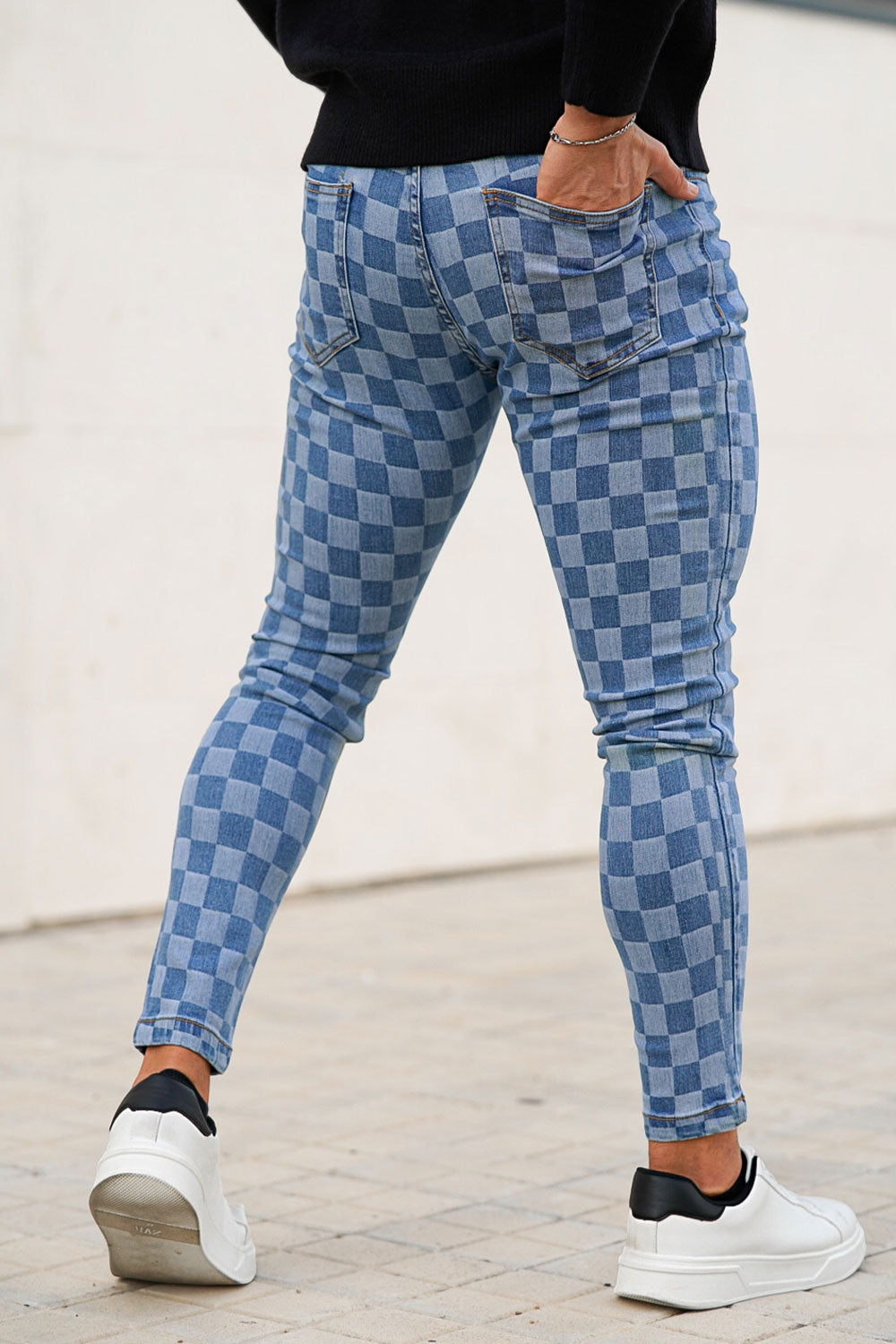 gingtto fashion skinny jeans for men - blue & checkerboard