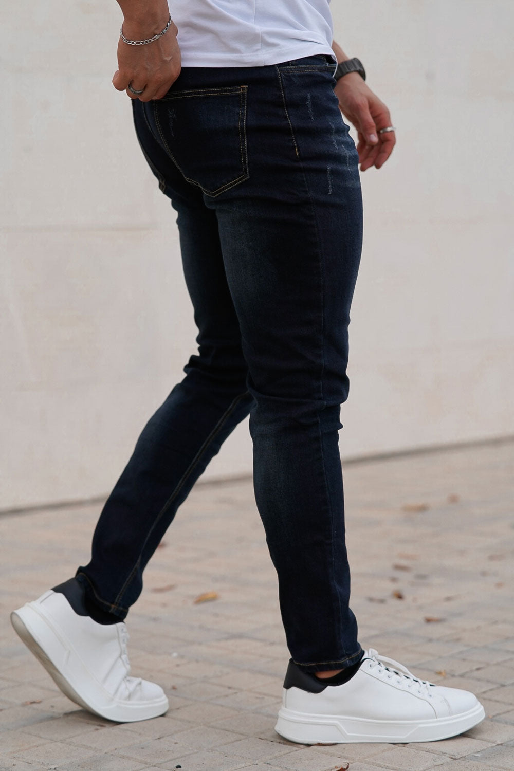 slim fit dark blue jeans