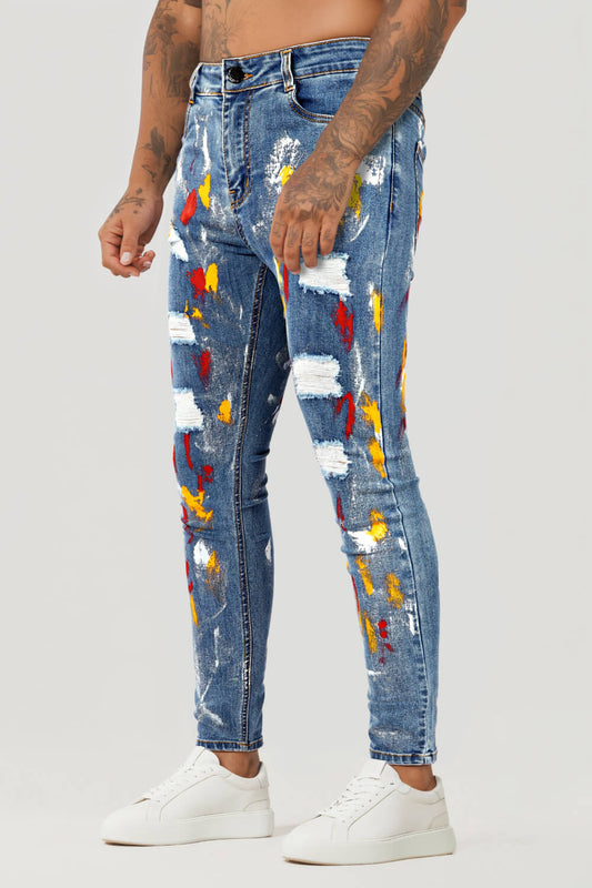 Jeans elasticizzati da uomo con jeans strappati blu graffiti