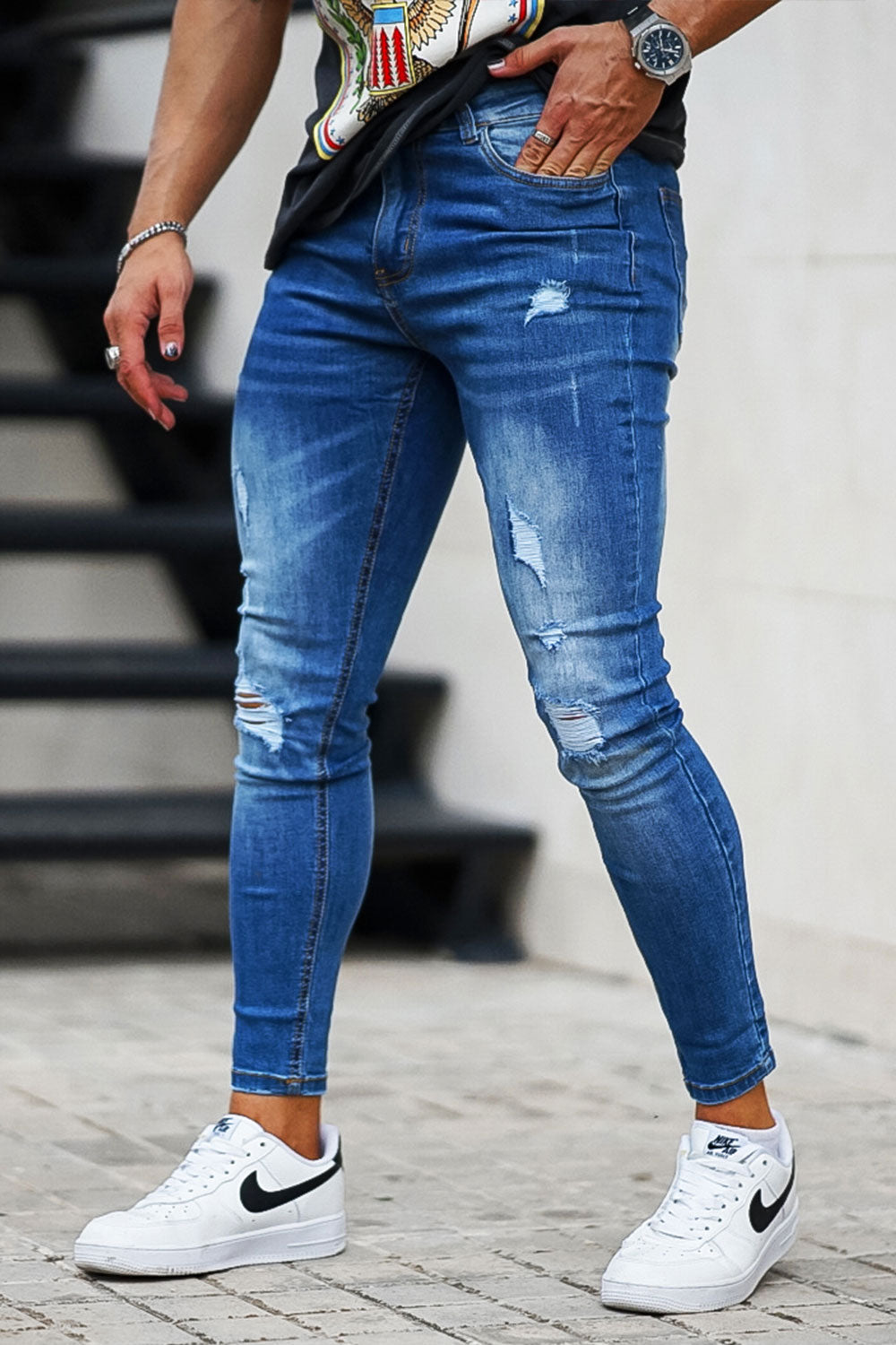 men's blue high waist ripped jeans