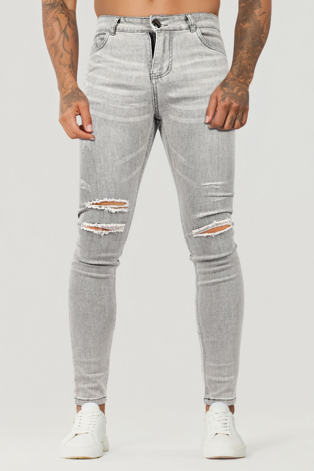 Jean skinny déchiré délavé gris marbré pour hommes