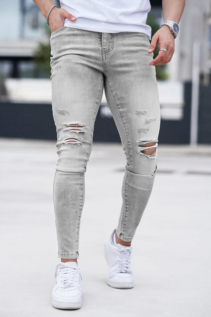 Jean skinny déchiré délavé gris marbré pour hommes