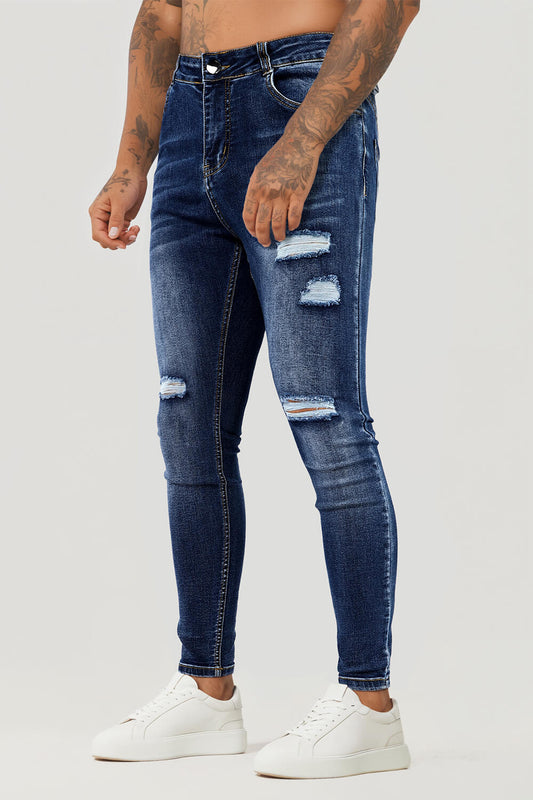 Men Stretch Skinny Jeans - Dark Blue & Ripped