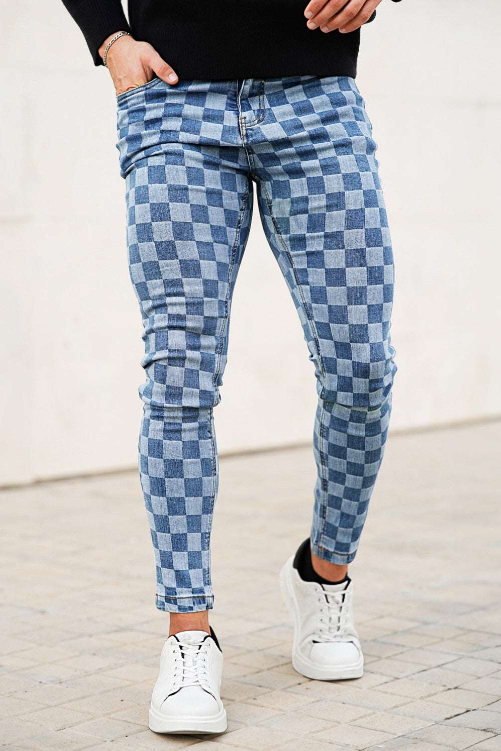 Fashion Skinny Jean For Men - Blue & Checkerboard