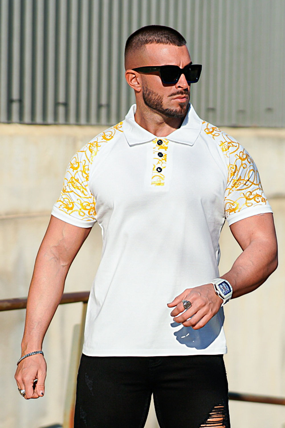 gold and white pattern short sleeve polo shirt